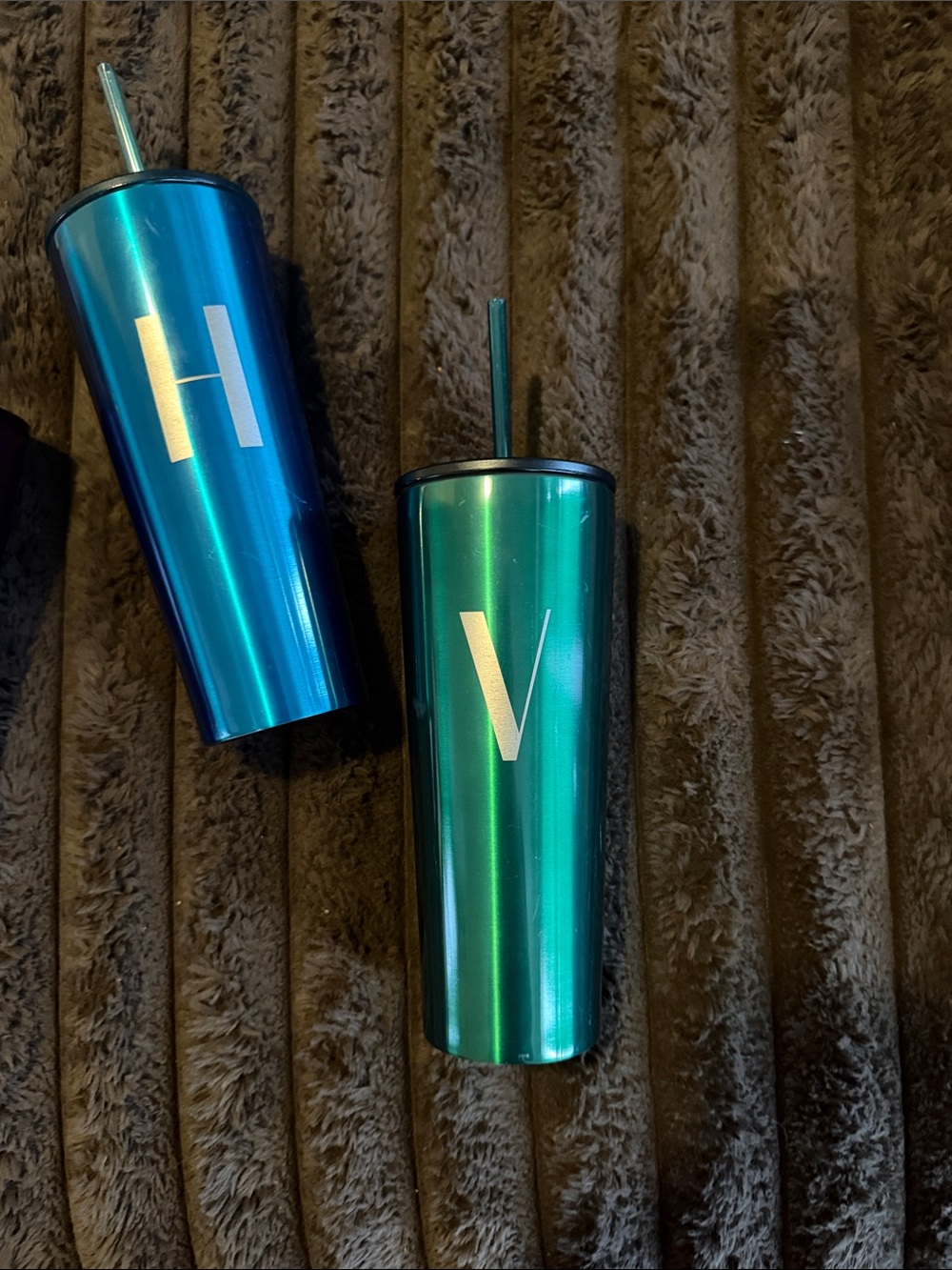 Metallic Blue and Teal Insulated Tumbler with Straw - Monogram V